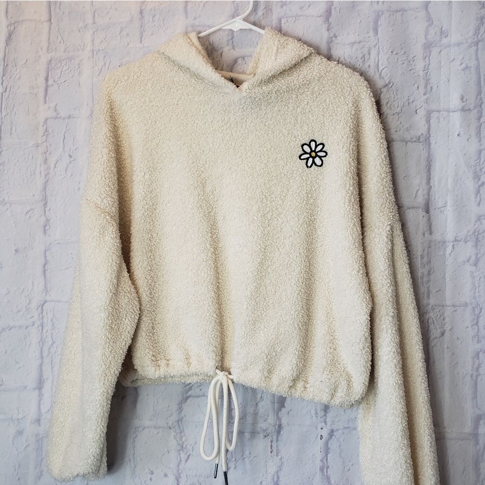 POLLY & ESTHER Teddy Bear Fleece Hoodie w/ Daisy Patch Large
